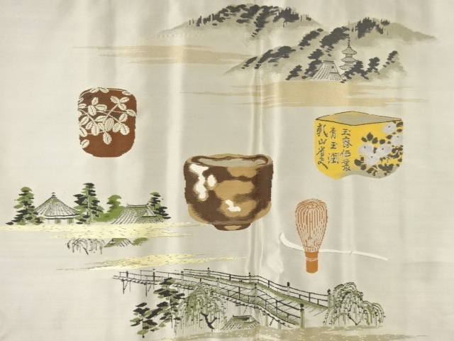 アンティーク　茶道具に寺院風景模様織り出し緞子肩裏手織り紬男物羽織
